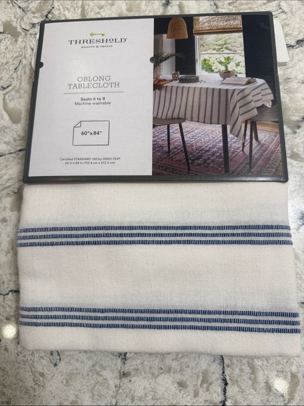 Threshold White Ivory and Blue Striped Tablecloth Oblong, Size 60x84, NWT